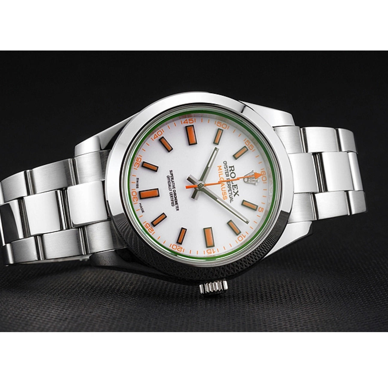 Aaa replica watch Steel Markings Case Orange Dial And White Swiss Stainless Rolex Milgauss Bracelet 0731